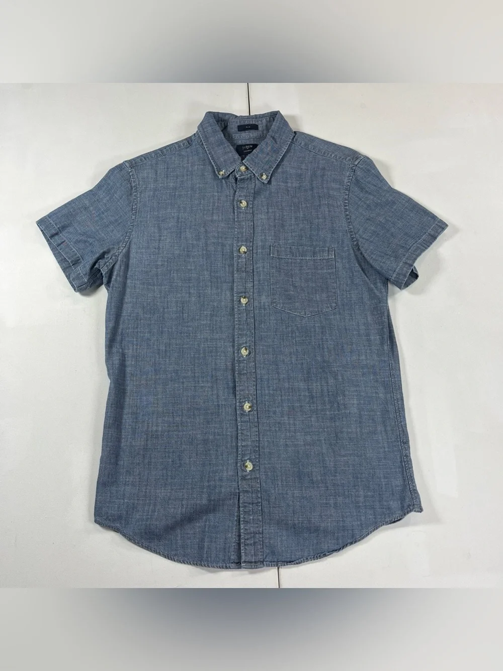 J Crew Chambray Shirt Short Sleeve Button Down Slim Fit Pocket Blue Men’s S